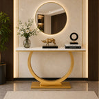Contemporary Marble Console Table with Artistic Gold Circle Support