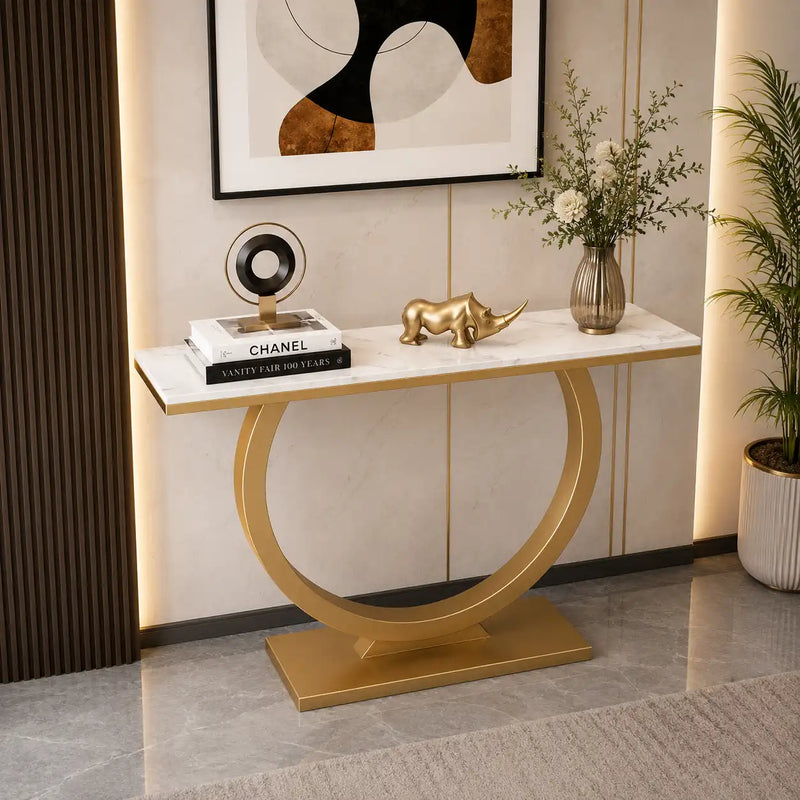 Contemporary Marble Console Table with Artistic Gold Circle Support
