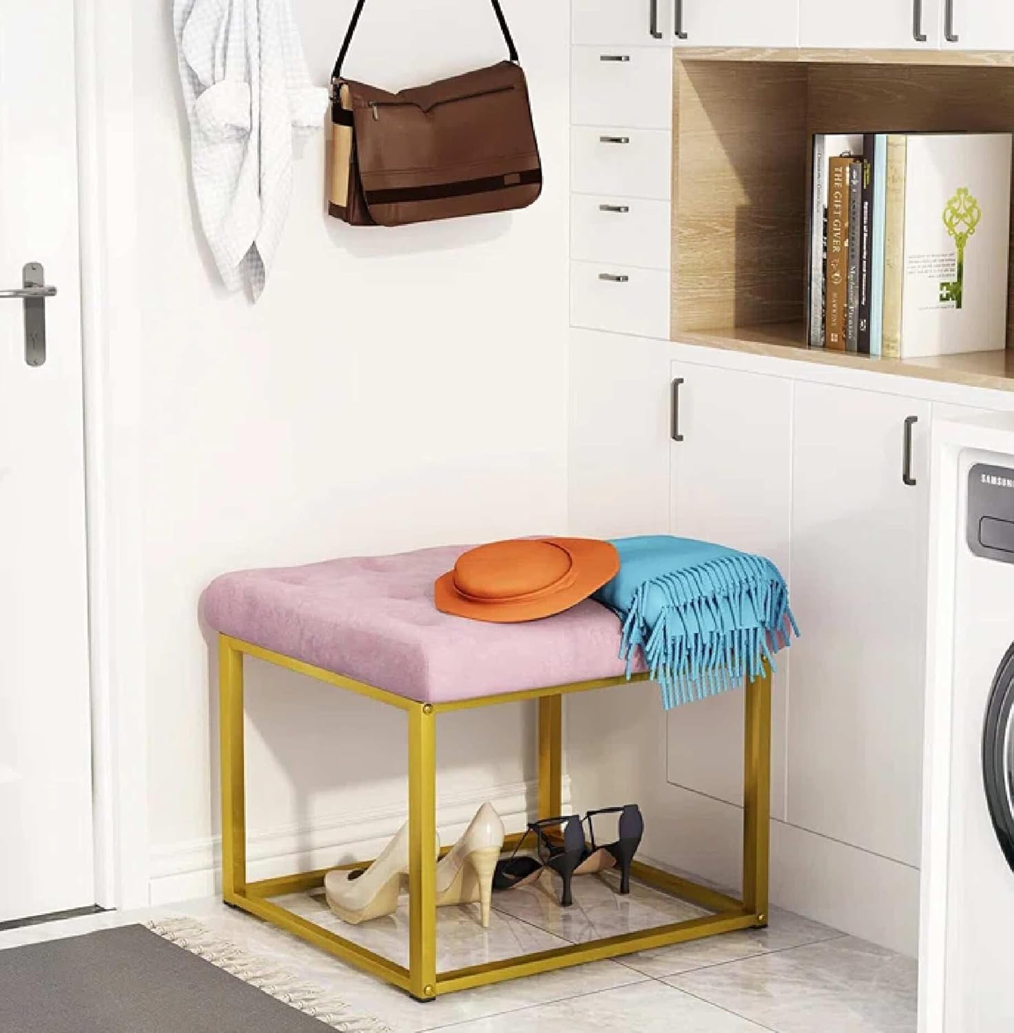 Contemporary Pink Velvet Ottoman Seat with Metal Frame Design