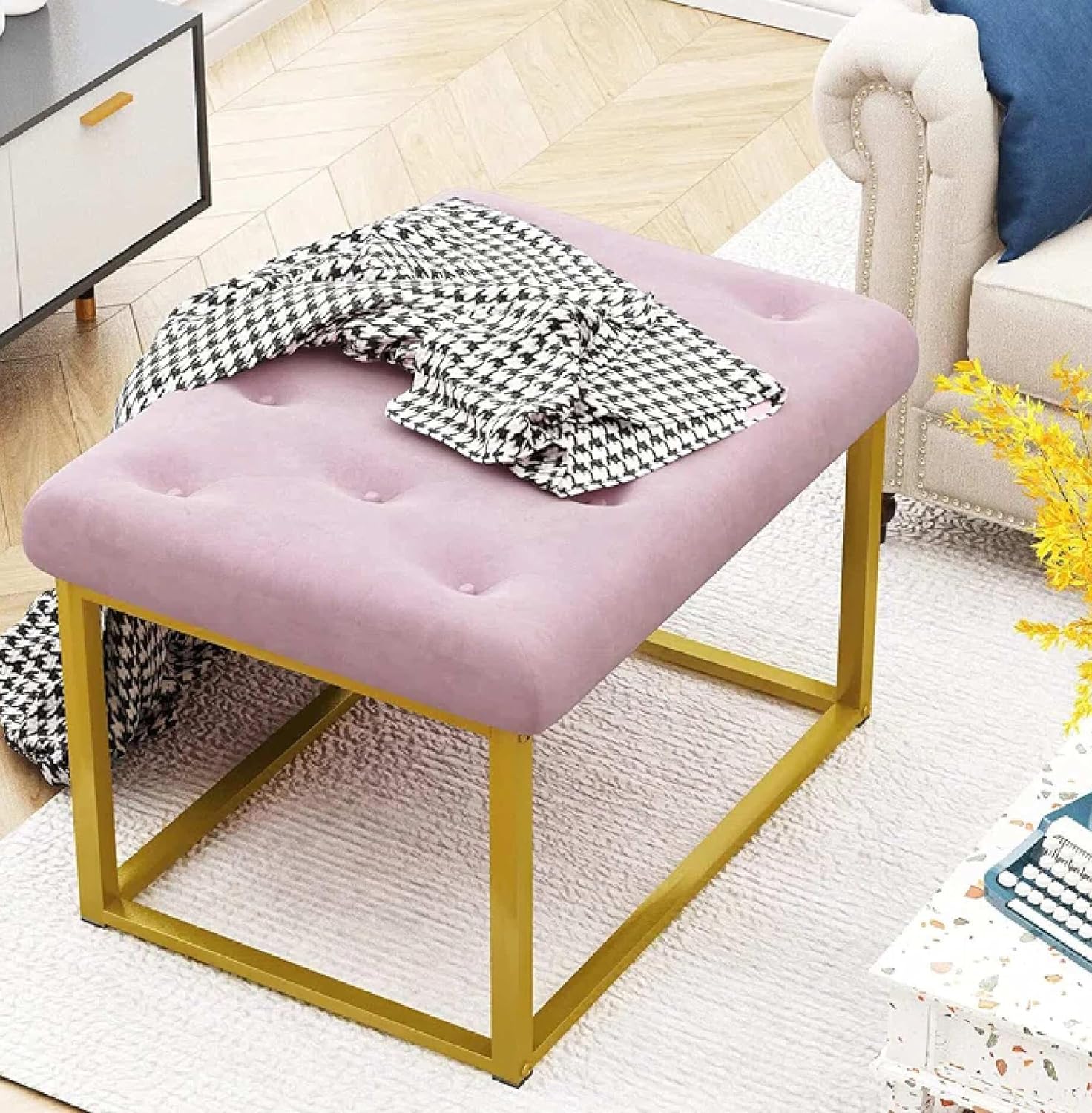 Contemporary Pink Velvet Ottoman Seat with Metal Frame Design