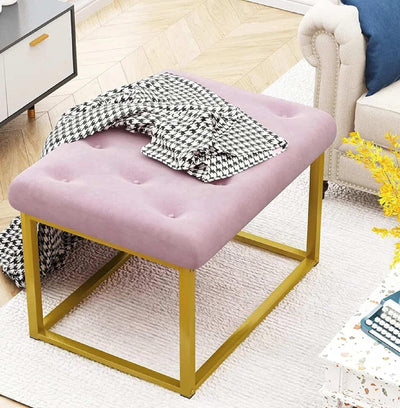 Contemporary Pink Velvet Ottoman Seat with Metal Frame Design