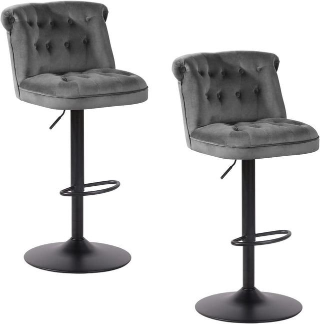 Contemporary Rich Grey Velvet Bar Stools with Matte Black Base