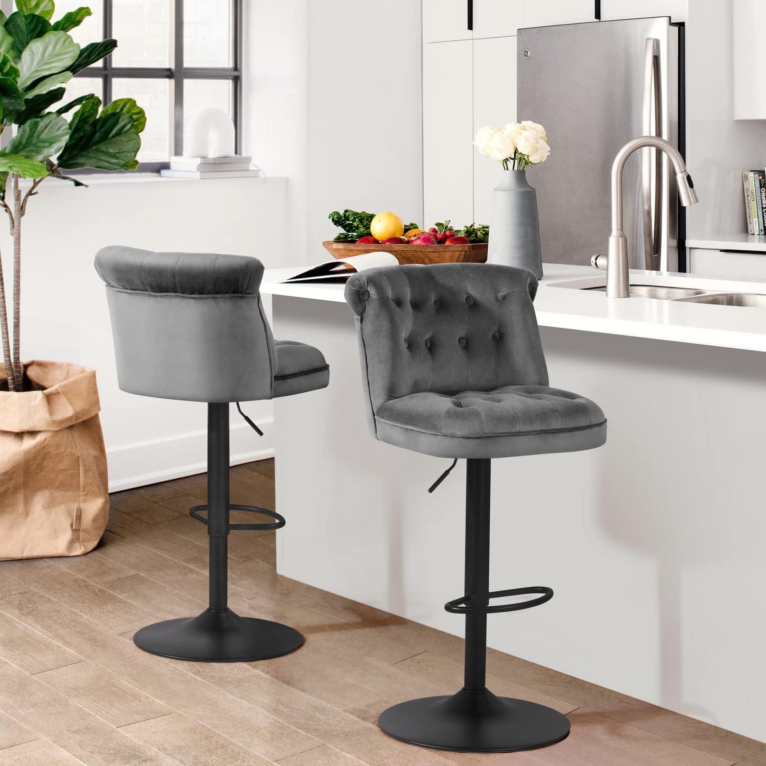 Contemporary Rich Grey Velvet Bar Stools with Matte Black Base