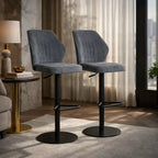 contemporary-rich-grey-velvet-bar-stools-with-matte-black-base