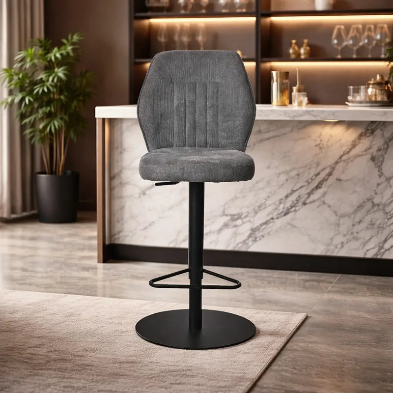 contemporary-rich-grey-velvet-bar-stools-with-matte-black-base