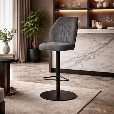 contemporary-rich-grey-velvet-bar-stools-with-matte-black-base
