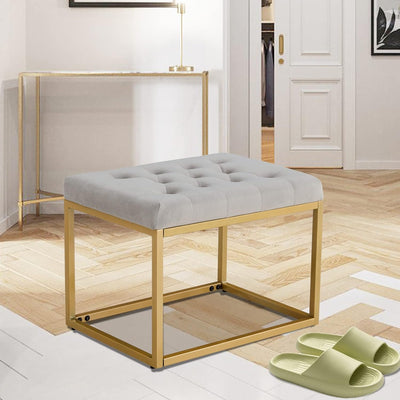 Contemporary Rich Grey Velvet Ottoman Seat with Metal Frame Design