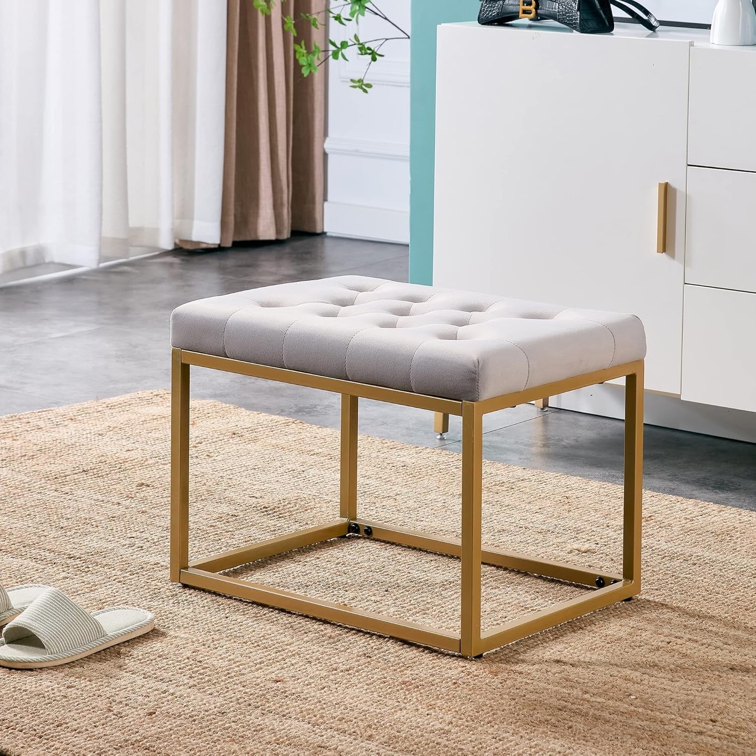 Contemporary Rich Grey Velvet Ottoman Seat with Metal Frame Design