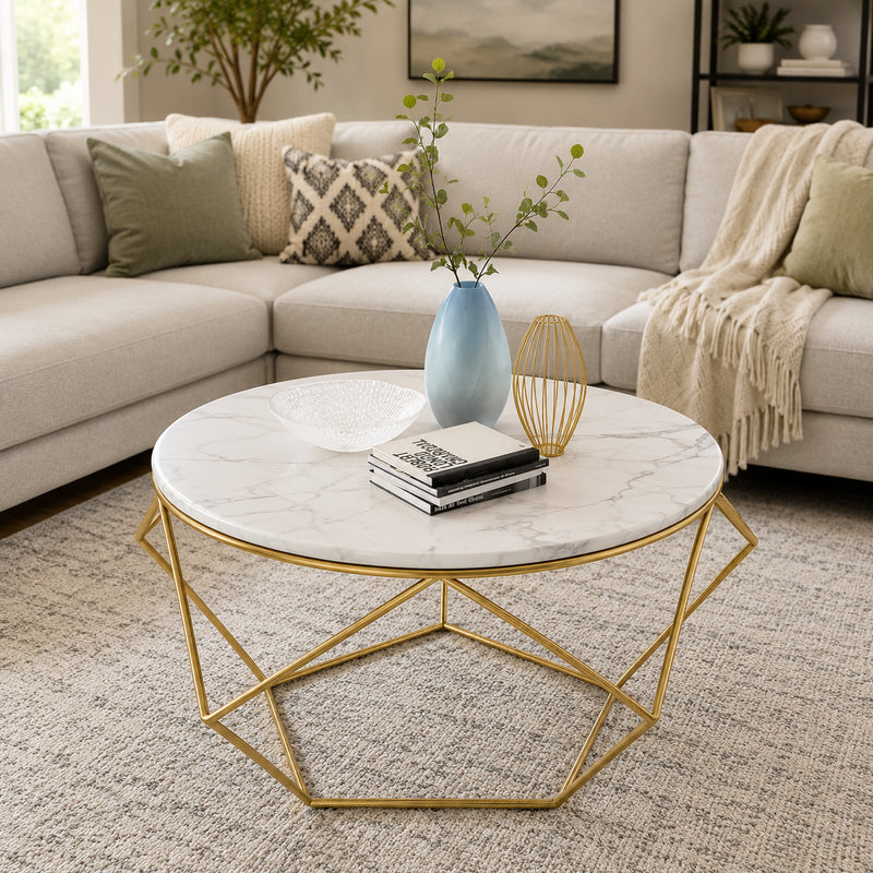 Contemporary Round Center Table with White Marble Finish & Gold Frame