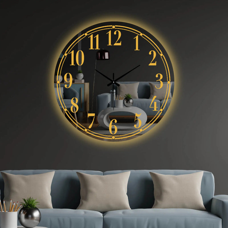 Contemporary Round Mirror LED Wall Clock with Bold Golden Numerals