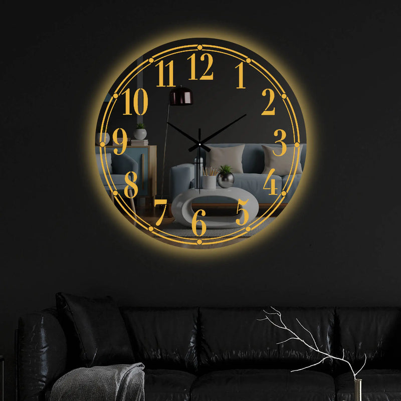 Contemporary Round Mirror LED Wall Clock with Bold Golden Numerals