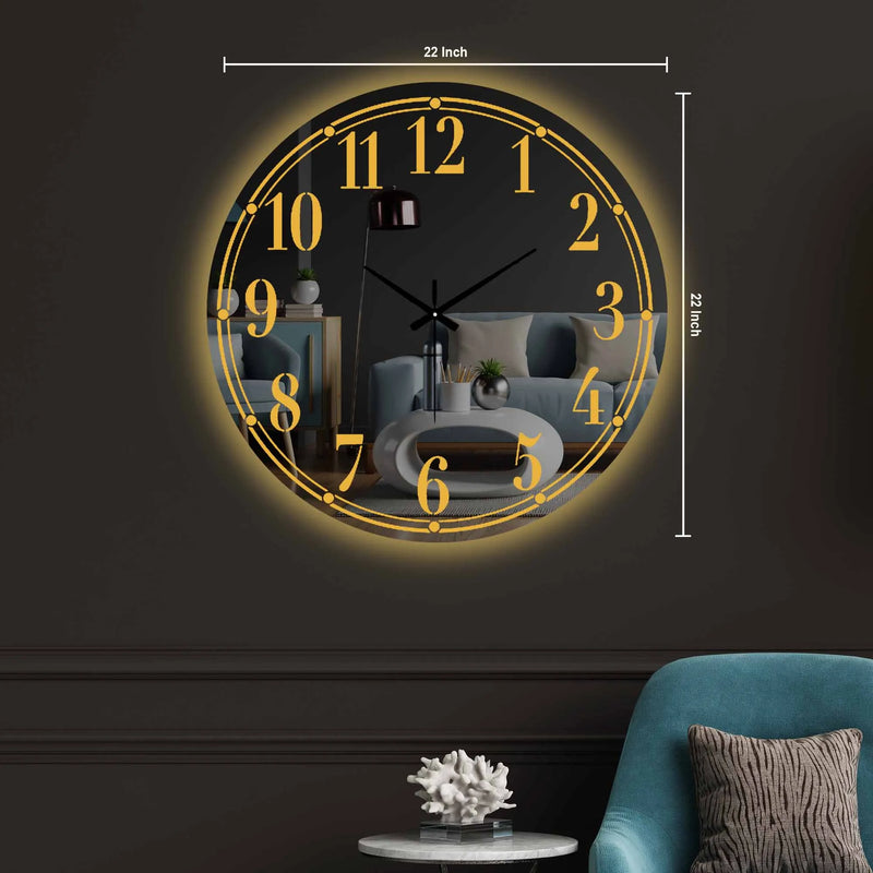 Contemporary Round Mirror LED Wall Clock with Bold Golden Numerals