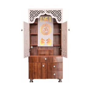 contemporary-white-arch-design-brown-finish-wooden-pooja-temple-for-home-office-with-led-swastik-om-panel-drawer-cabinet-storage