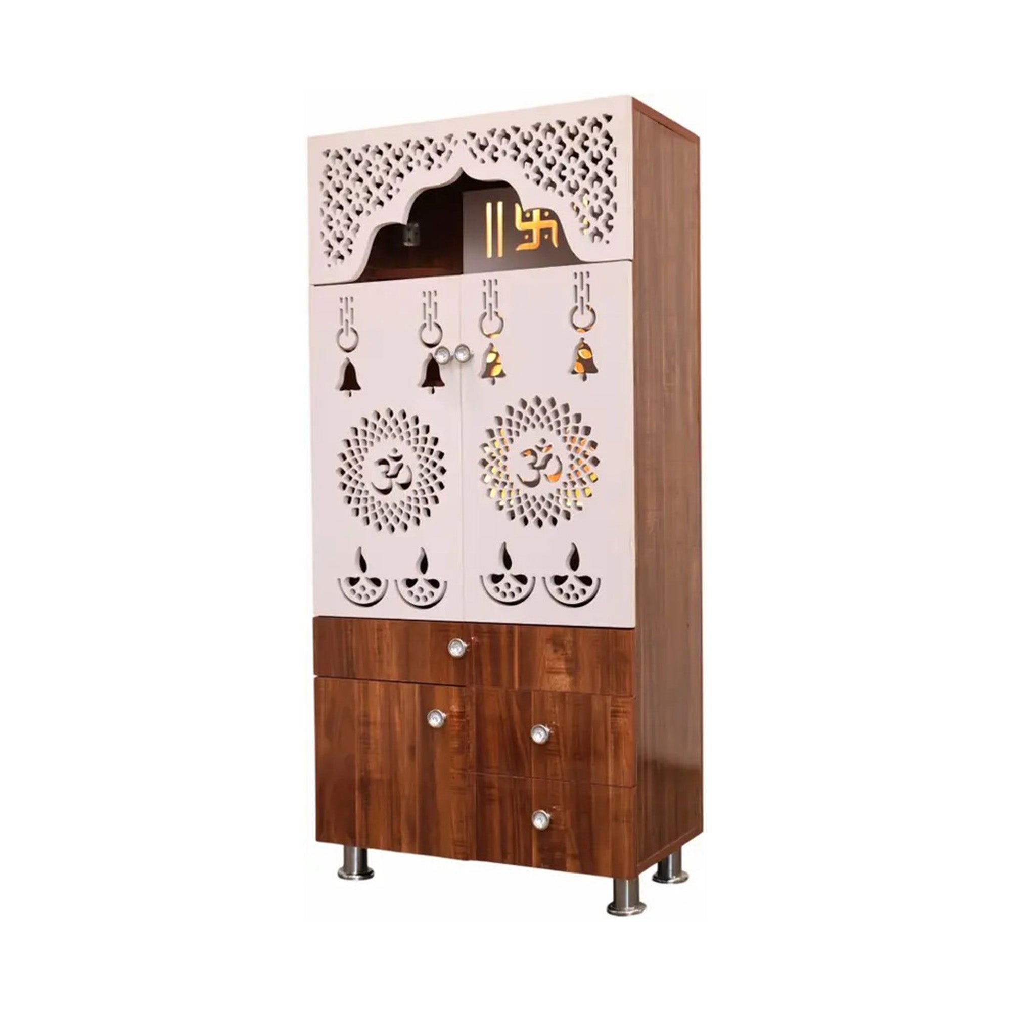 Contemporary White Arch Design Brown Finish Wooden Pooja Temple for Home & Office with LED Swastik OM Panel Drawer & Cabinet Storage