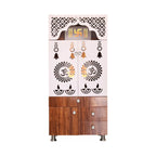 Contemporary White Arch Design Brown Finish Wooden Pooja Temple for Home & Office with LED Swastik OM Panel Drawer & Cabinet Storage
