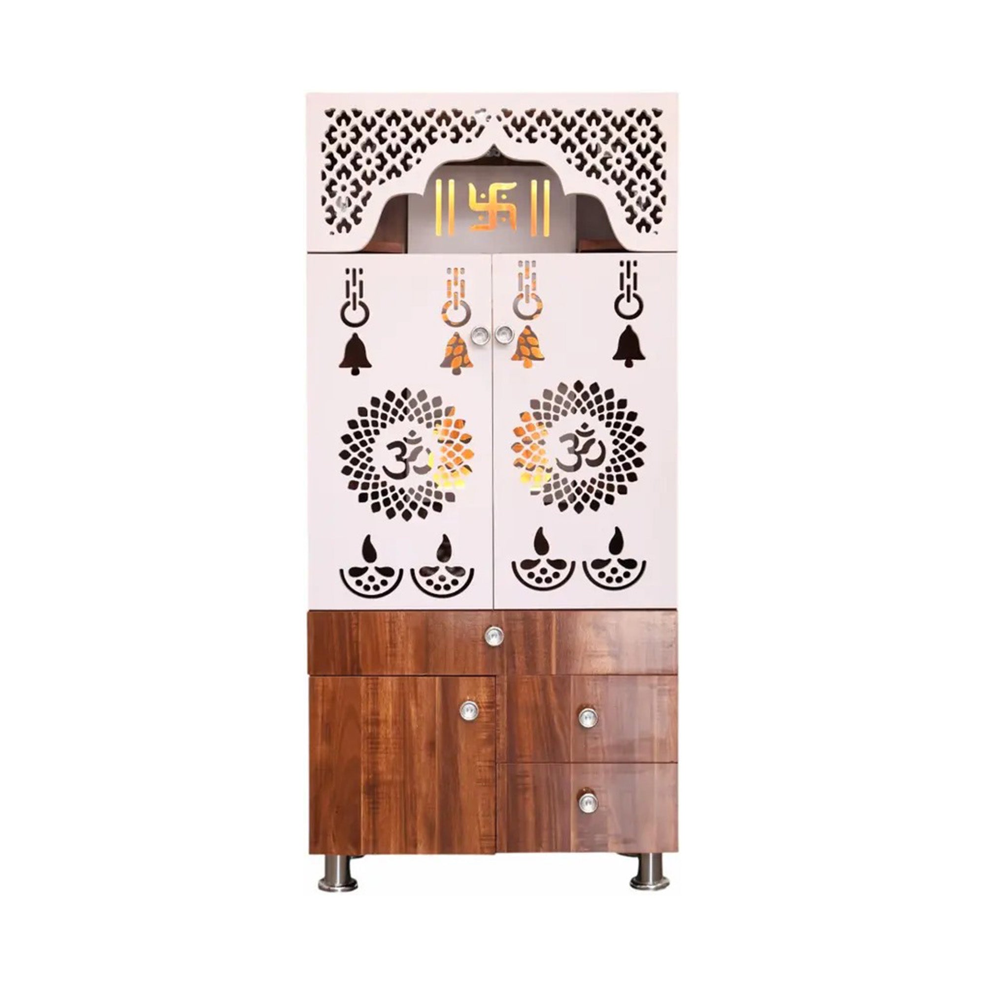 Contemporary White Arch Design Brown Finish Wooden Pooja Temple for Home & Office with LED Swastik OM Panel Drawer & Cabinet Storage