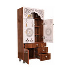 Contemporary White Arch Design Brown Finish Wooden Pooja Temple for Home & Office with LED Swastik OM Panel Drawer & Cabinet Storage