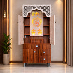 Contemporary White Arch Design Brown Finish Wooden Pooja Temple for Home & Office with LED Swastik OM Panel Drawer & Cabinet Storage