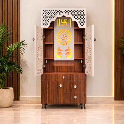 Contemporary White Arch Design Brown Finish Wooden Pooja Temple for Home & Office with LED Swastik OM Panel Drawer & Cabinet Storage