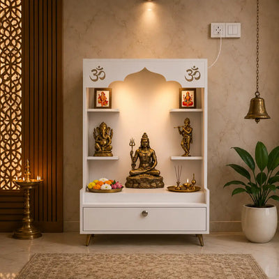 Contemporary White Wooden Floor Pooja Mandir with Open Shelves Om Engraving With Storage Drawer