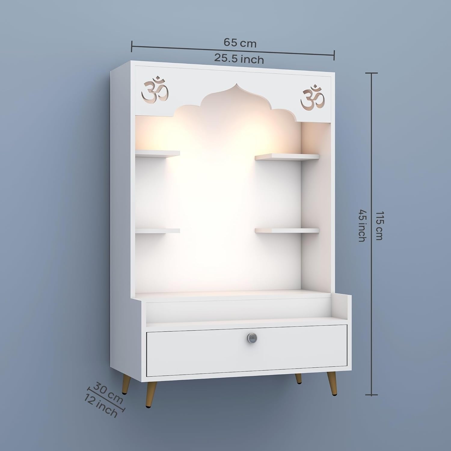 Contemporary White Wooden Floor Pooja Mandir with Open Shelves Om Engraving With Storage Drawer