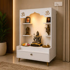 Contemporary White Wooden Floor Pooja Mandir with Open Shelves Om Engraving With Storage Drawer