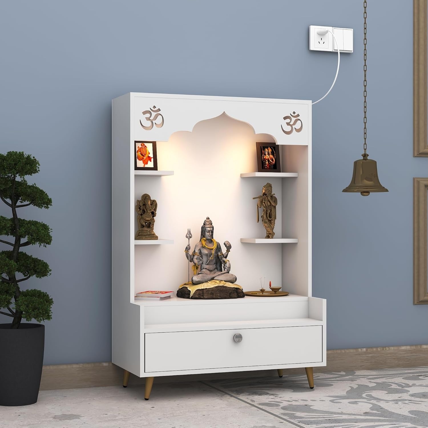 Contemporary White Wooden Floor Pooja Mandir with Open Shelves Om Engraving With Storage Drawer