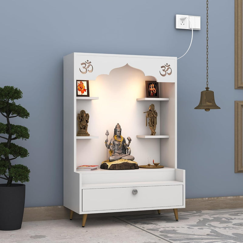 Contemporary White Wooden Floor Pooja Mandir with Open Shelves Om Engraving With Storage Drawer