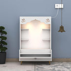 Contemporary White Wooden Floor Pooja Mandir with Open Shelves Om Engraving With Storage Drawer