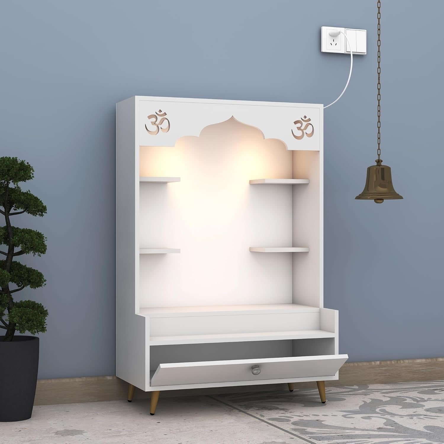 Contemporary White Wooden Floor Pooja Mandir with Open Shelves Om Engraving With Storage Drawer