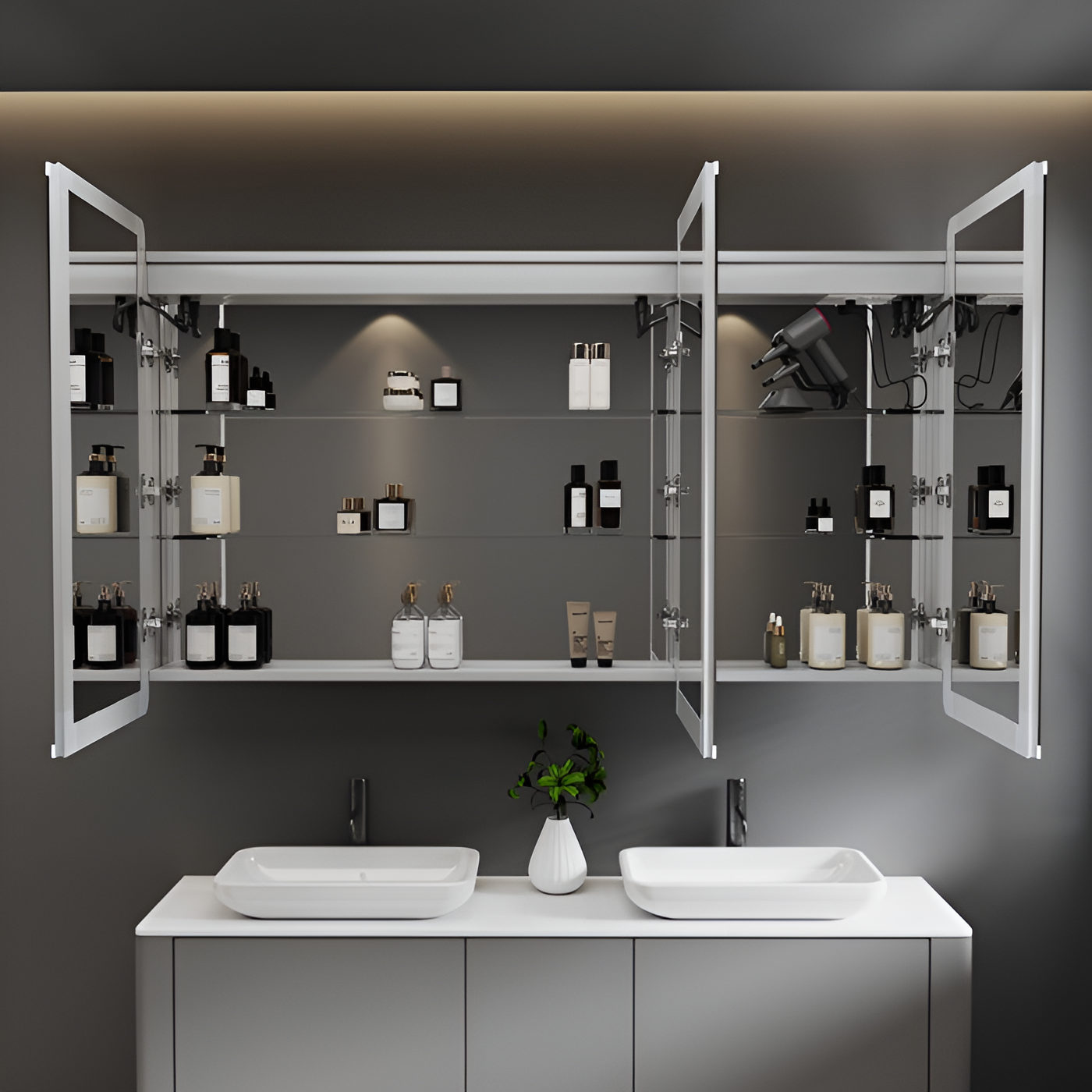Contemporary Wide Bathroom Cabinet Mirror with Ambient LED Lighting
