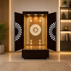Contemporary Wooden Temple with Illuminated Om and Side Panels