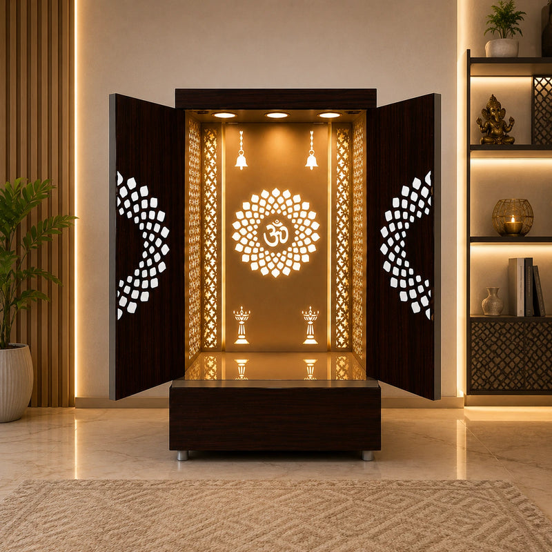 Contemporary Wooden Temple with Illuminated Om and Side Panels