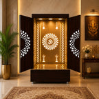 Contemporary Wooden Temple with Illuminated Om and Side Panels