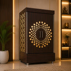 Contemporary Wooden Temple with Illuminated Om and Side Panels