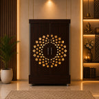 Contemporary Wooden Temple with Illuminated Om and Side Panels