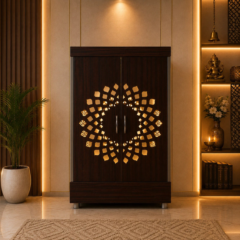 Contemporary Wooden Temple with Illuminated Om and Side Panels