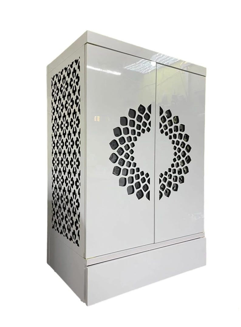 Contemporary Wooden Temple with Illuminated Om and Side Panels