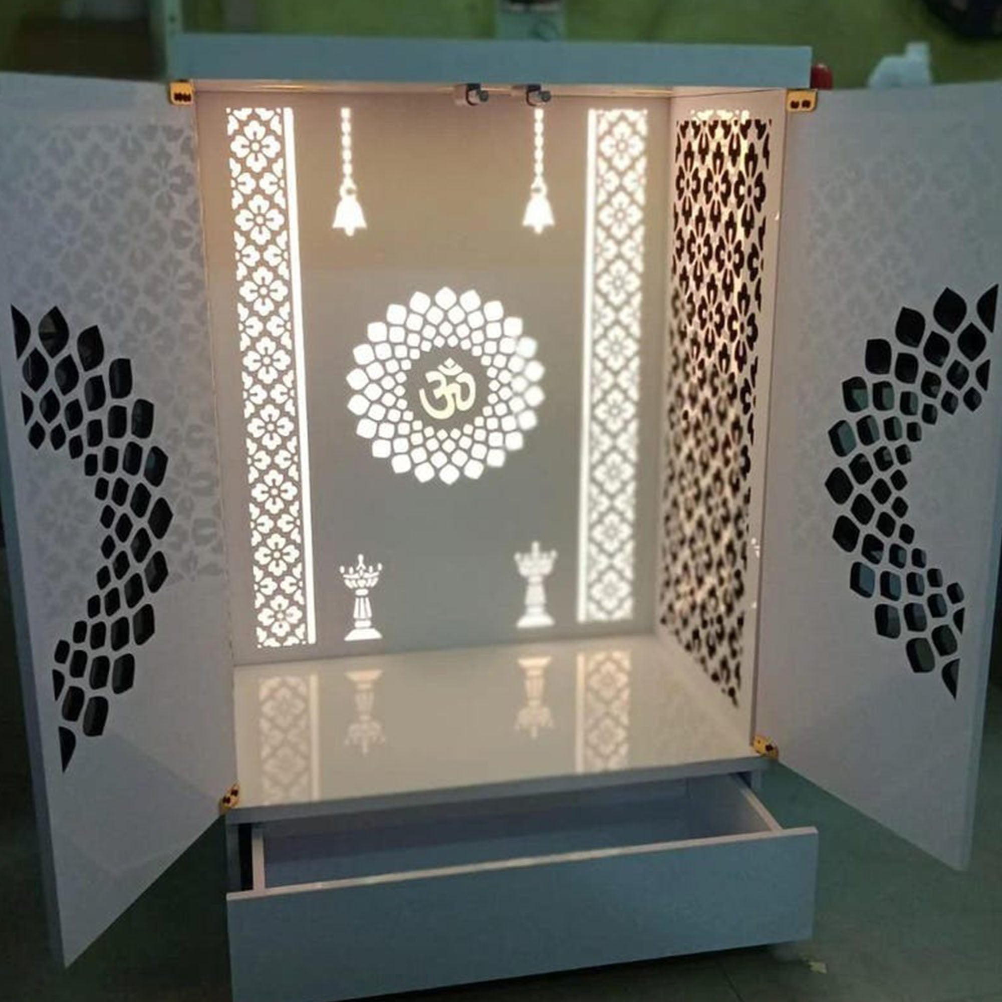 Contemporary Wooden Temple with Illuminated Om and Side Panels