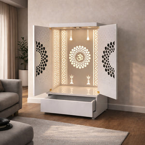 Contemporary Wooden Temple with Illuminated Om and Side Panels