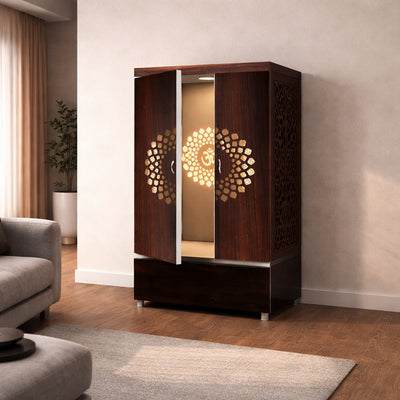 Contemporary Wooden Temple with Illuminated Om and Side Panels
