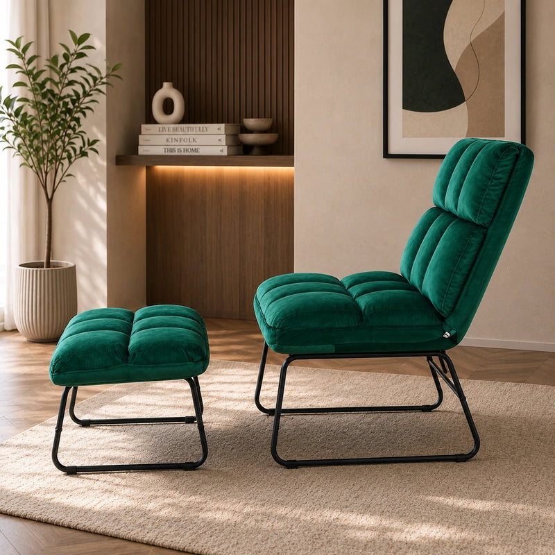 Square Tufted Design Rich Green Velvet Chair with Footrest