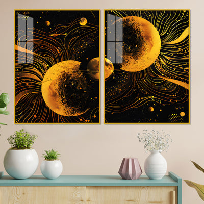 Cosmic Abstract Lunar Symphony in Space Acrylic Floating Wall Painting Set of 2