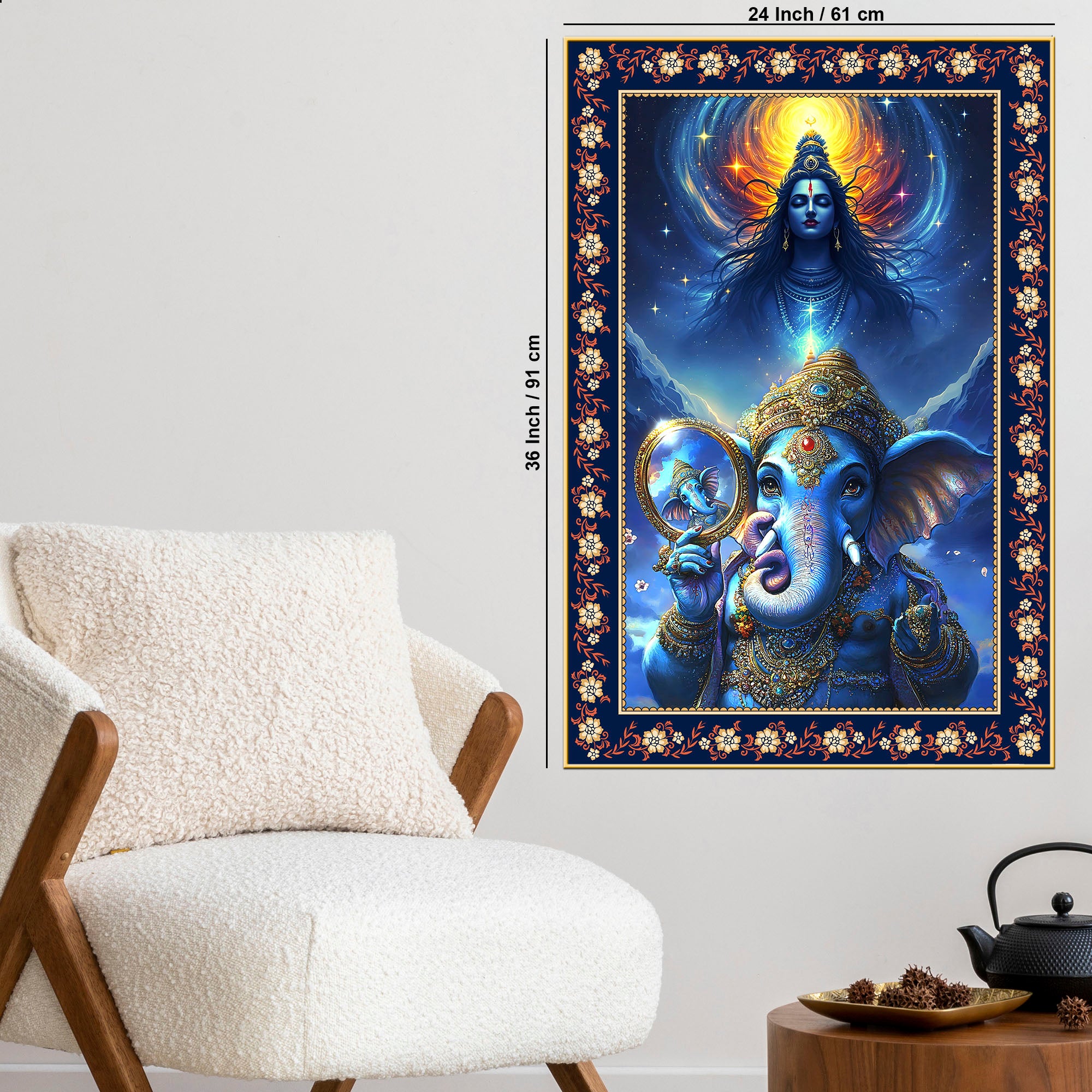 Cosmic Blessings Shiva and Ganesha Floral Border Vertical Wall Painting