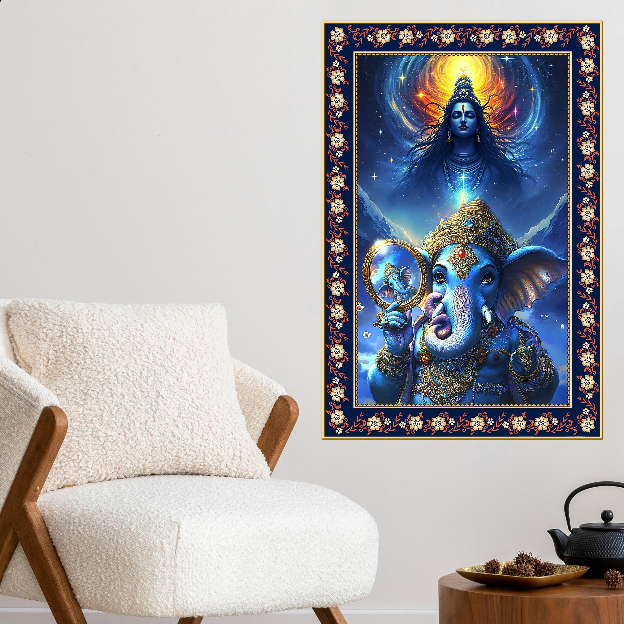 Cosmic Blessings Shiva and Ganesha Floral Border Vertical Wall Painting
