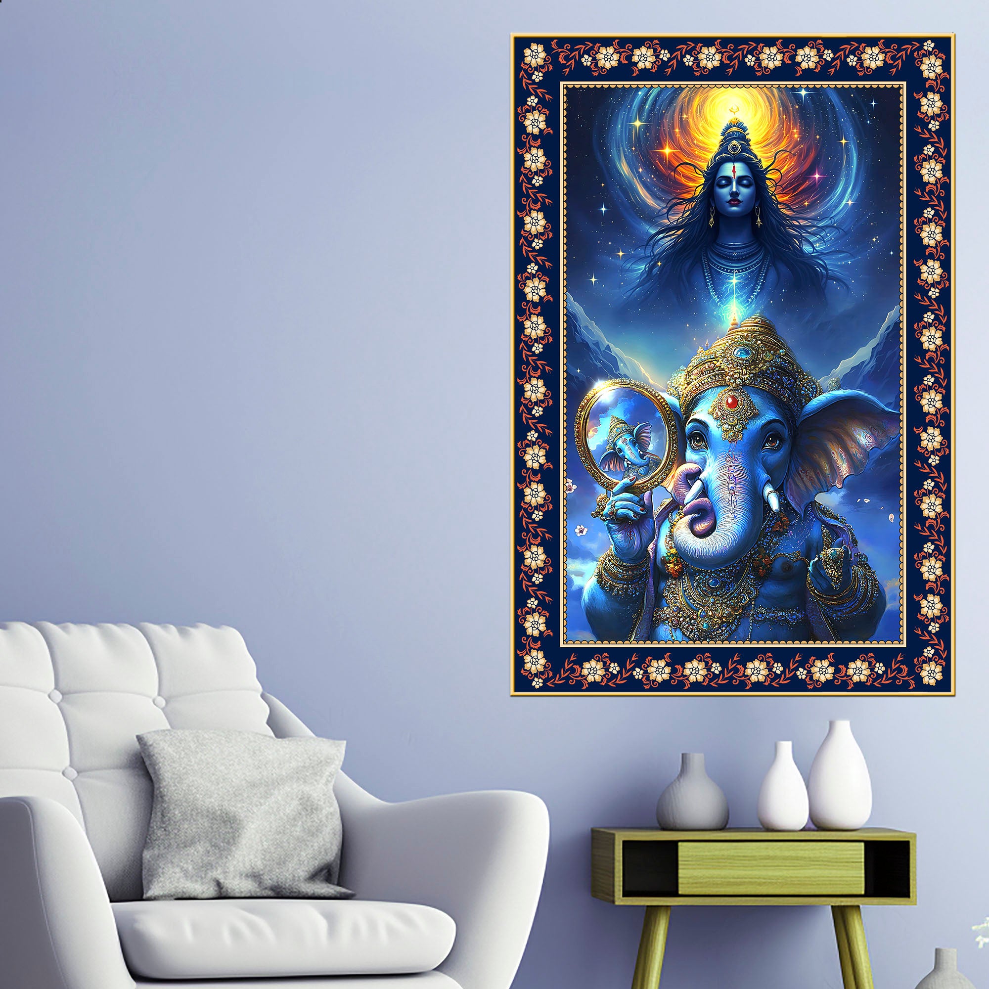 Cosmic Blessings Shiva and Ganesha Floral Border Vertical Wall Painting