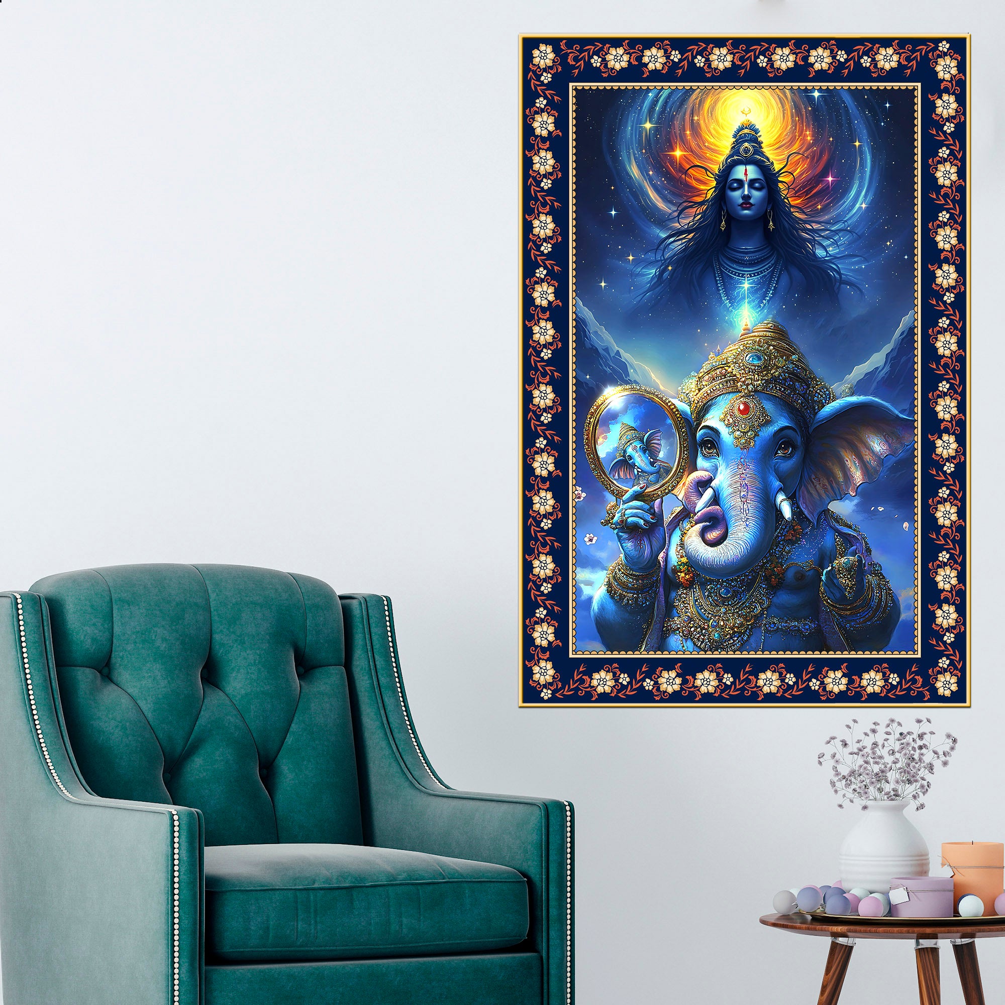 Cosmic Blessings Shiva and Ganesha Floral Border Vertical Wall Painting