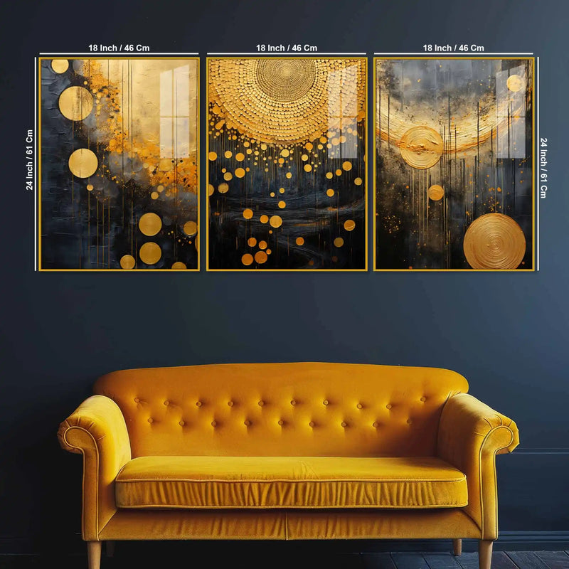 Cosmic Golden Drizzle Acrylic Floating Frame Wall Painting Set of 3