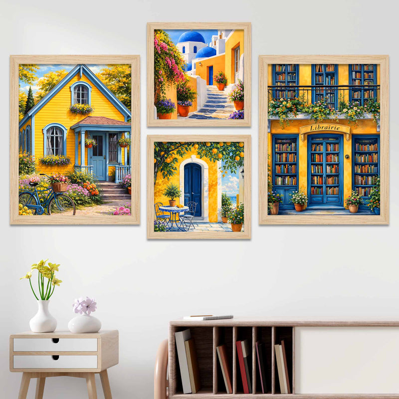 Cottage Cafe Bookstore European Street Wall Frame Set of Four