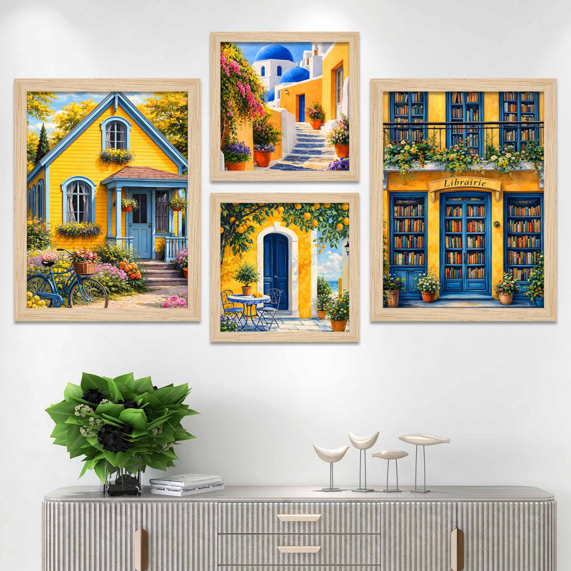 Cottage Cafe Bookstore European Street Wall Frame Set of Four